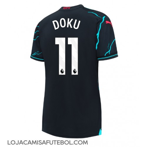 Camisa de Futebol Manchester City Jeremy Doku #11 Equipamento Alternativo Mulheres 2023-24 Manga Curta